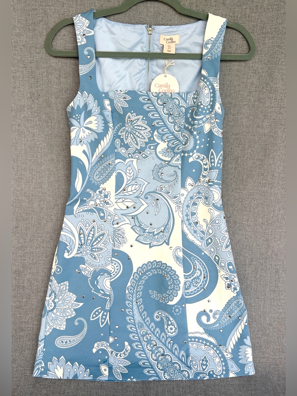 Camila Coelho mini paisley patterned studded dress blue white  cream size 2 NWT